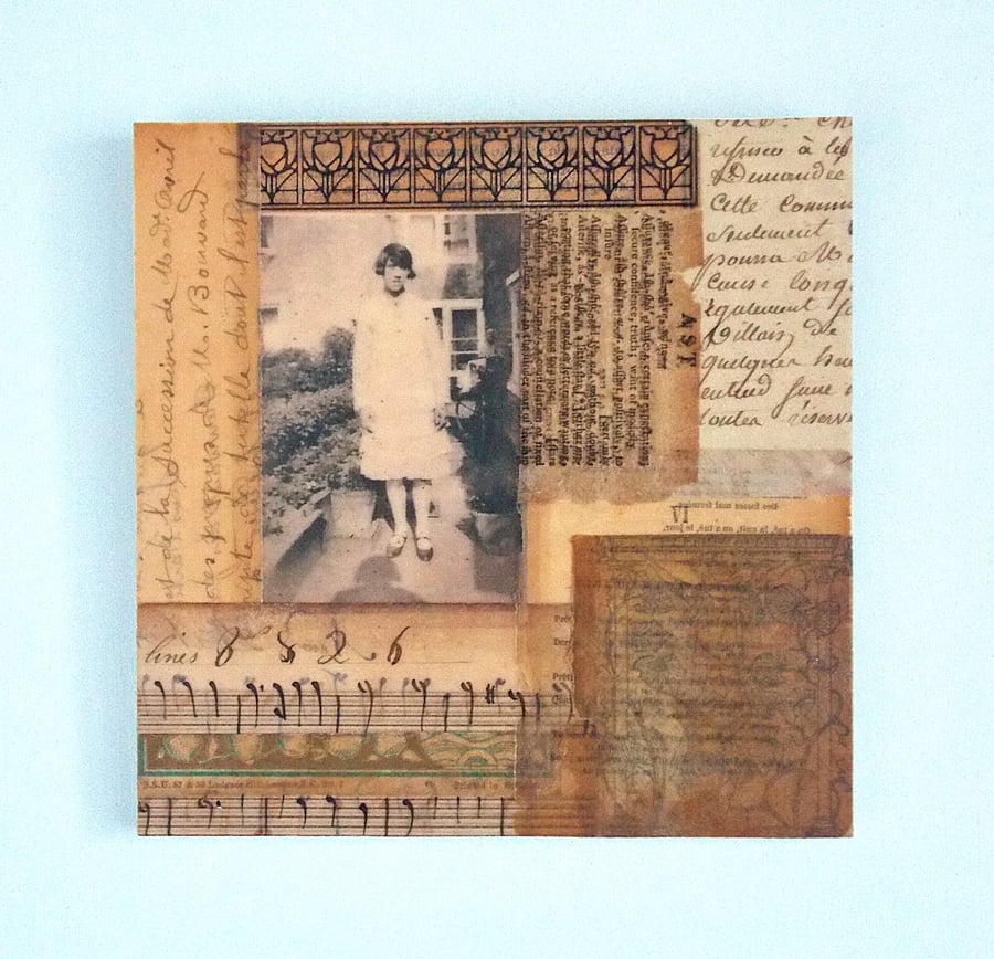 Vintage Paper Collage on Wood Panel, 14.8cms, Free UK Postage (209)