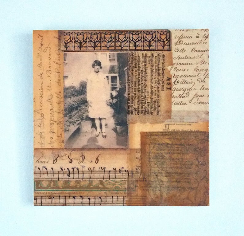 Vintage Paper Collage on Wood Panel, 14.8cms, Free UK Postage (209)