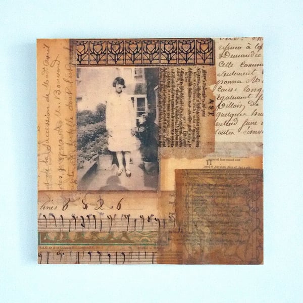 Vintage Paper Collage on Wood Panel, 14.8cms, Free UK Postage (209)