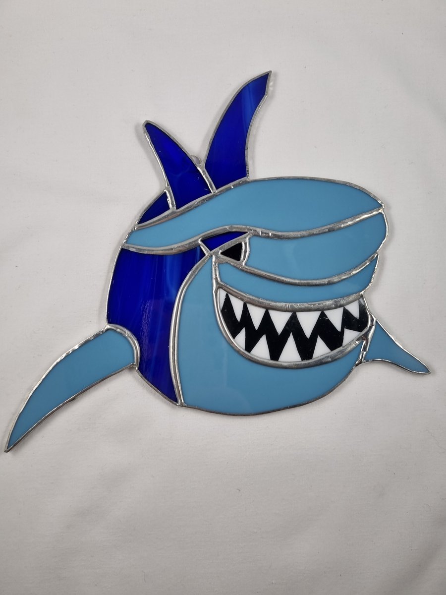 529 Stained glass shark - handmade hanging decoration.