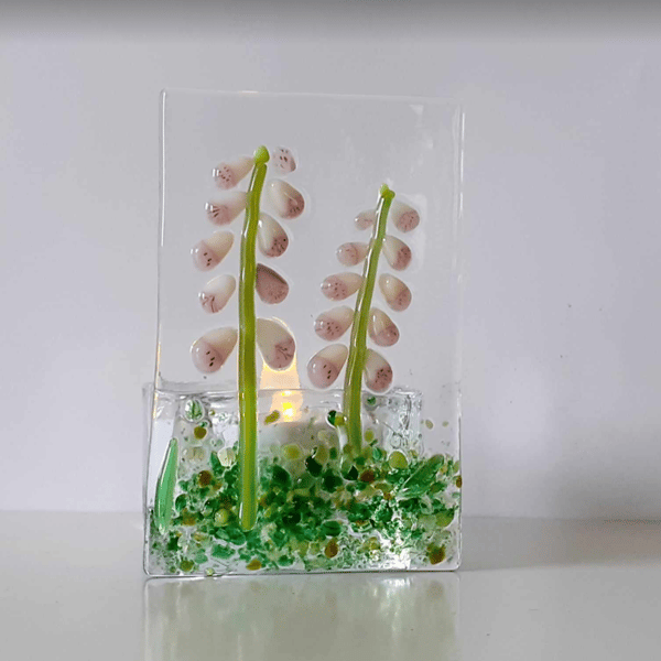 Fused glass tealight candle holder panel, foxgloves