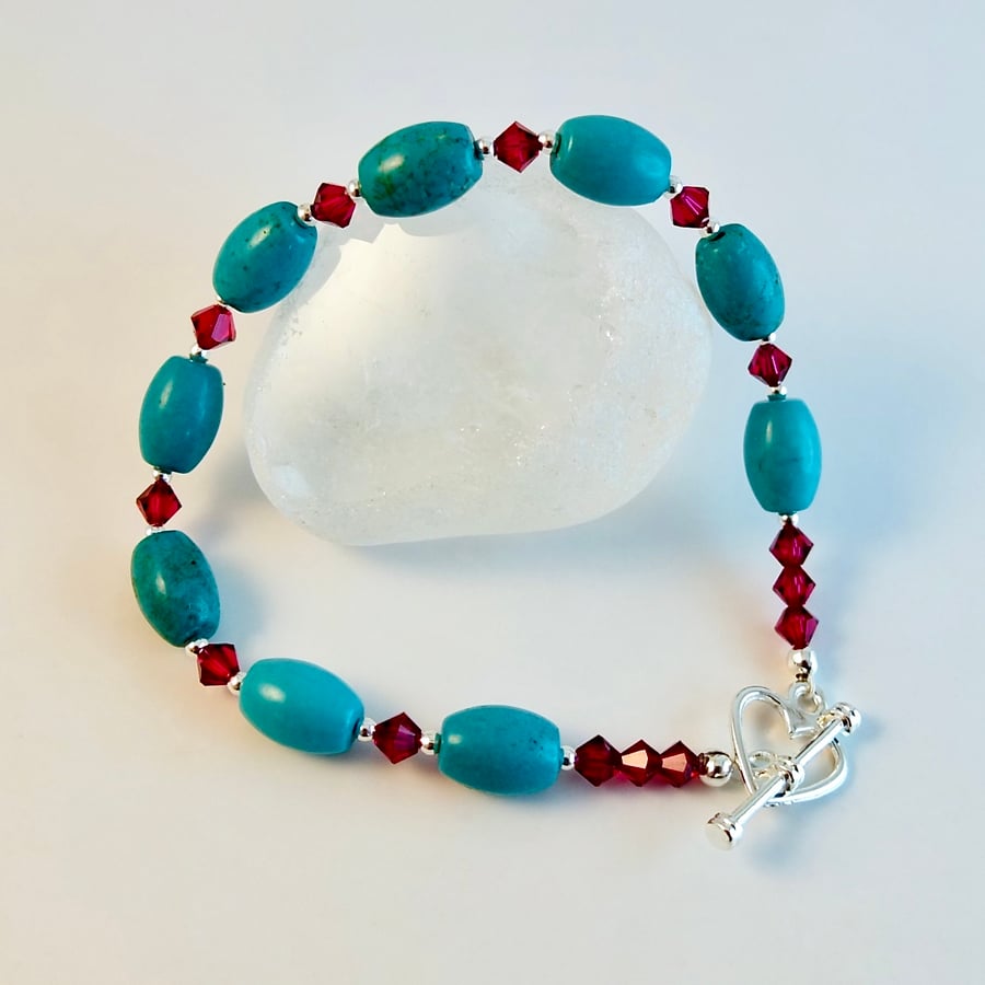 Genuine Turquoise Bracelet With Swarovski 'Ruby' Crystals - Handmade In Devon