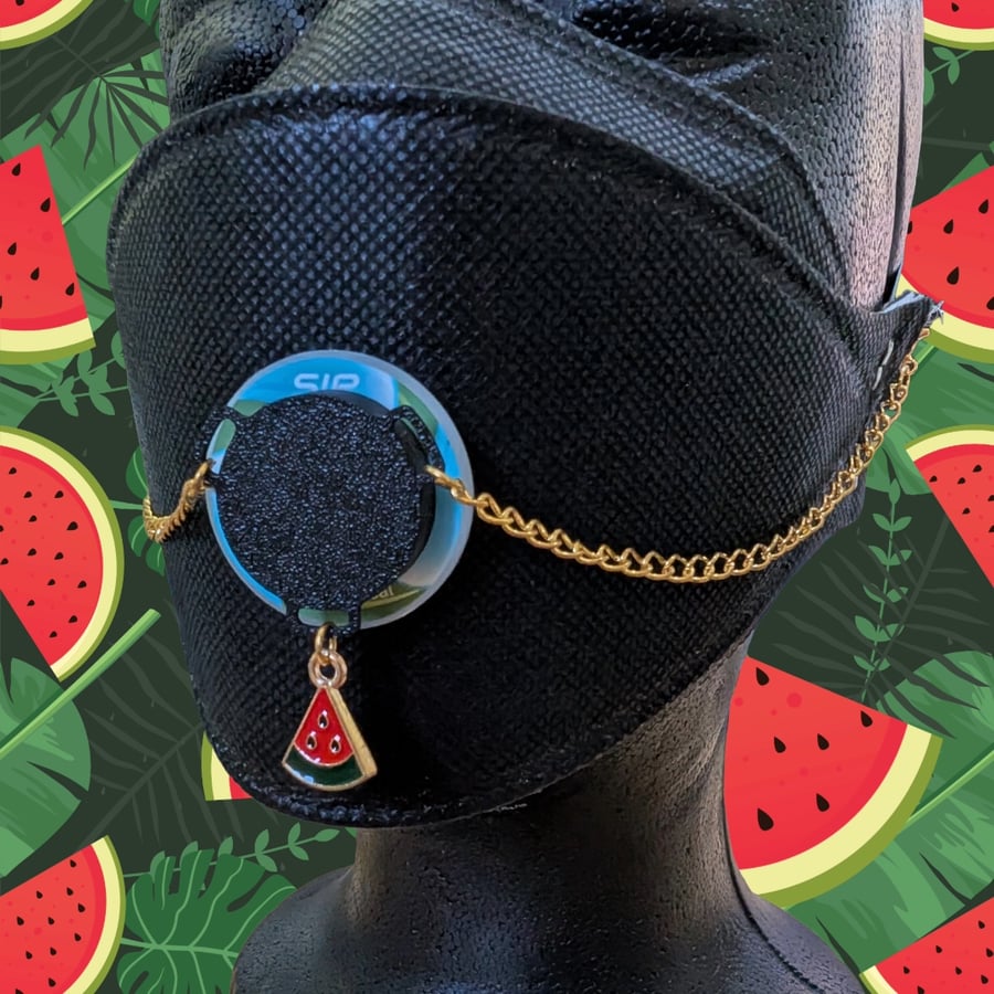 Black SIP valve cap with double gold keeper and watermelon charm