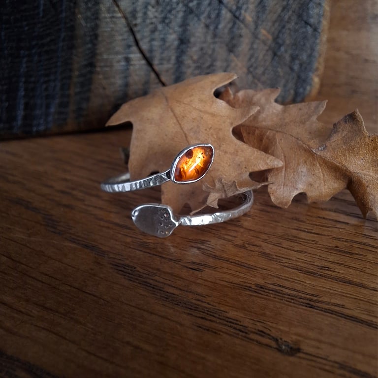 Handmade Acorn and Amber Leaf Silver Ring open adjustable