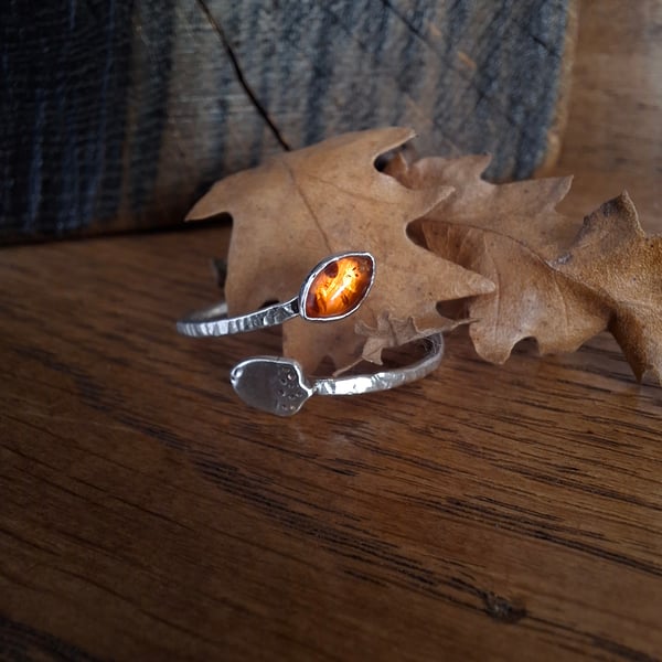 Handmade Acorn and Amber Leaf Silver Ring open adjustable