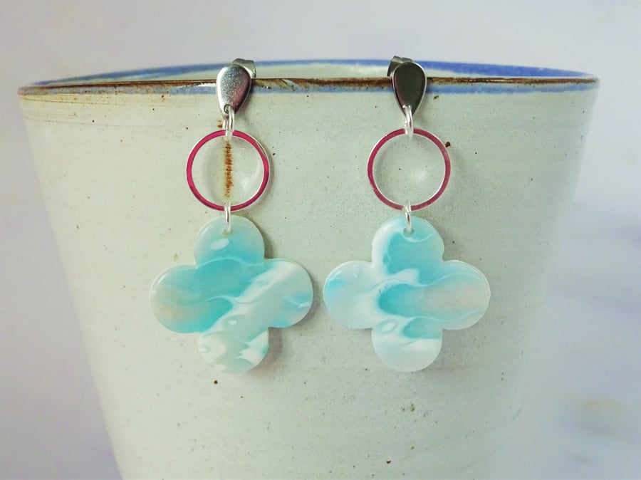 Turquoise and White Statement Quatrefoil Earrings