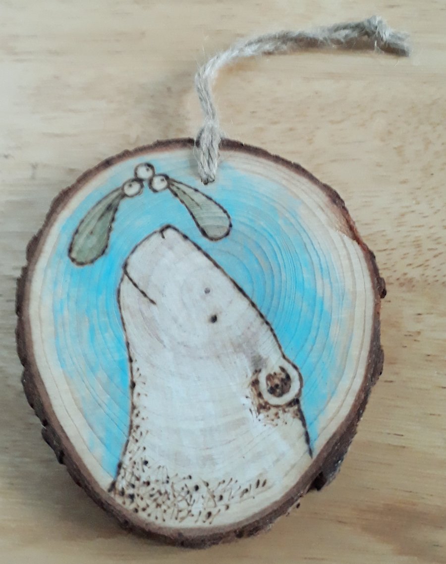 Pyrography polar bear & mistletoe wood slice hanging decoration