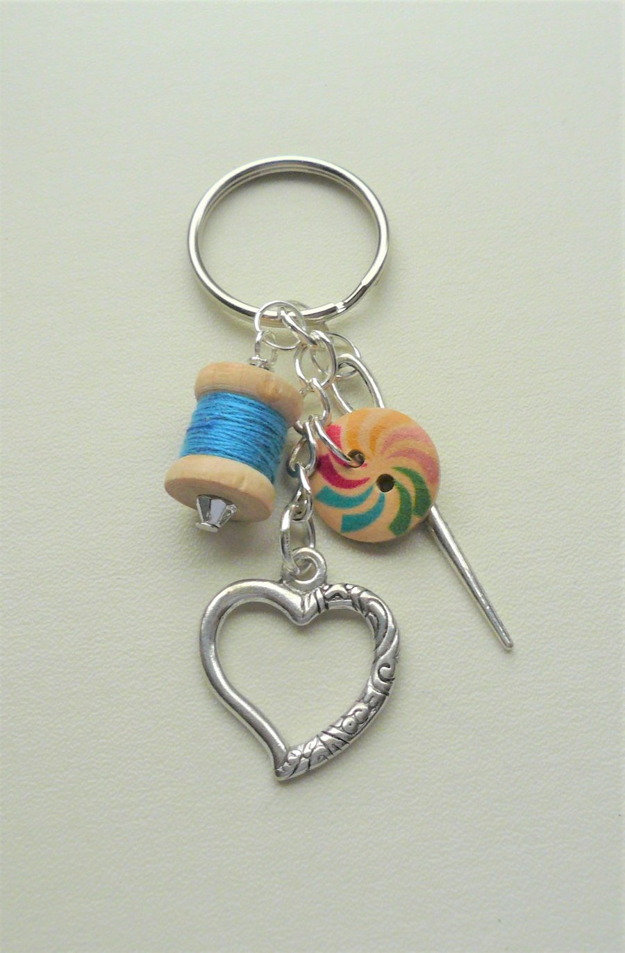Blue Sewing Keyring or Bag Charm Button Cotton Reel Needle  KCJ4064