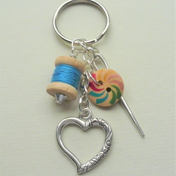 Blue Sewing Keyring or Bag Charm Button Cotton Reel Needle  KCJ4064
