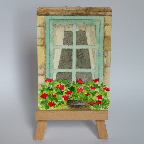 Windowbox and Geraniums ACEO original watercolour