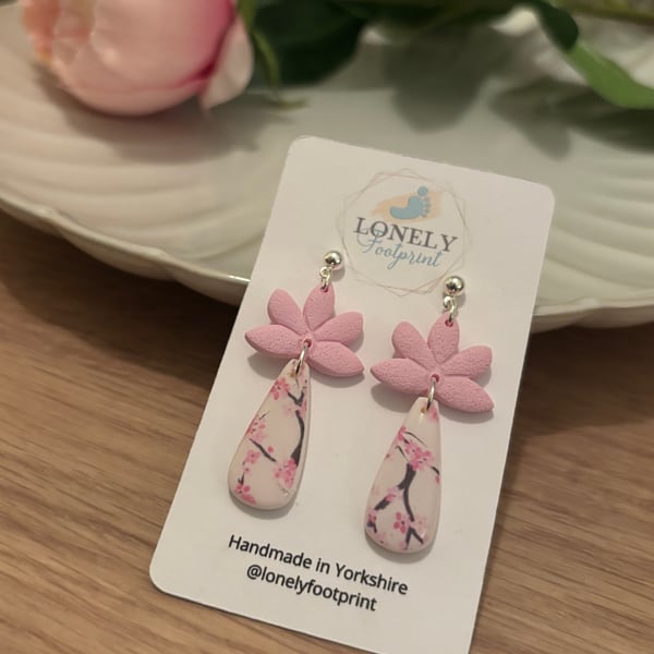 Cherry Blossom Polymer Clay Earrings, Handmade Jewellery 