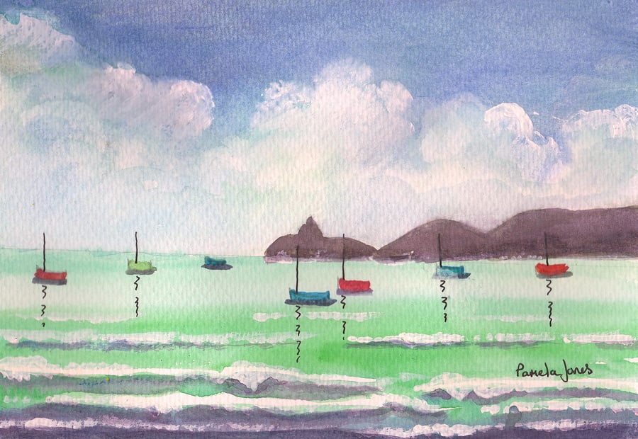 Boats in The Bay, Mumbles - Original Watercolour in 14 x 11 '' Mount
