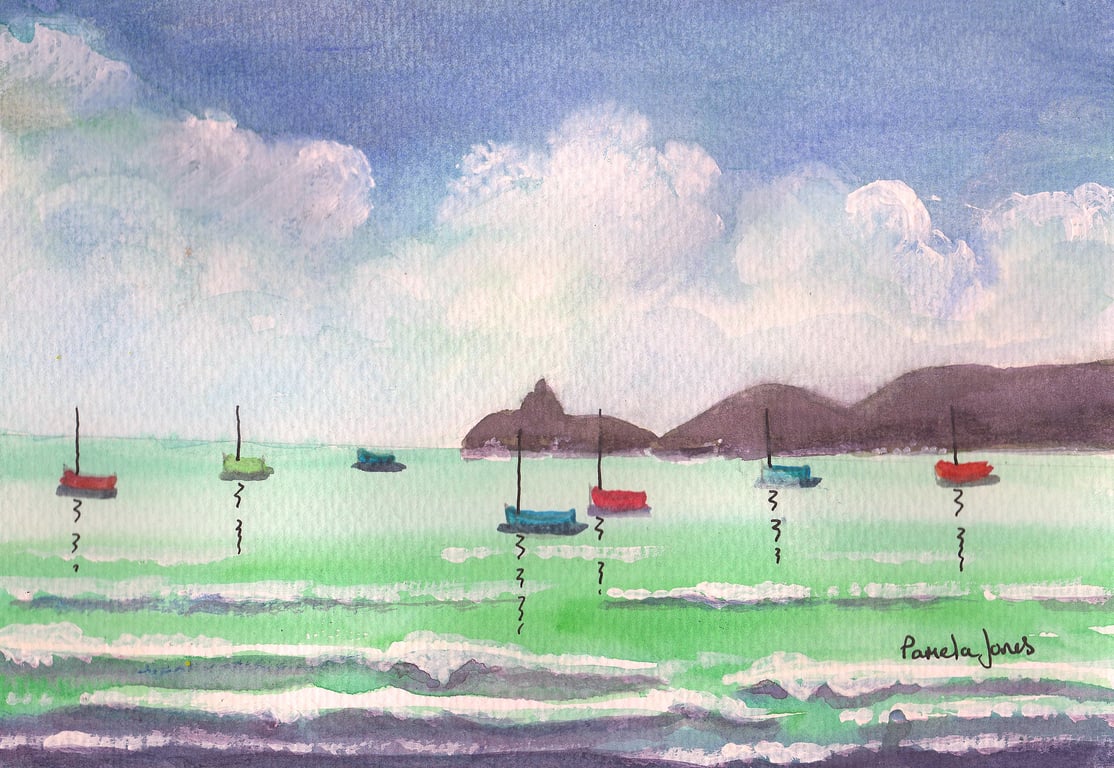 Boats in The Bay, Mumbles - Original Watercolour in 14 x 11 '' Mount
