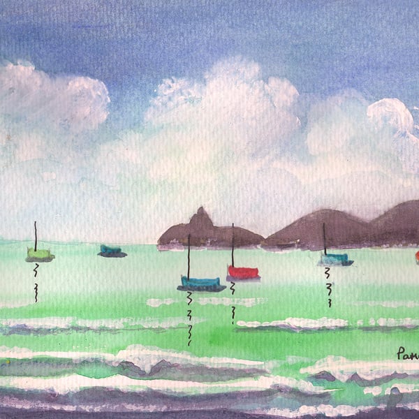 Boats in The Bay, Mumbles - Original Watercolour in 14 x 11 '' Mount