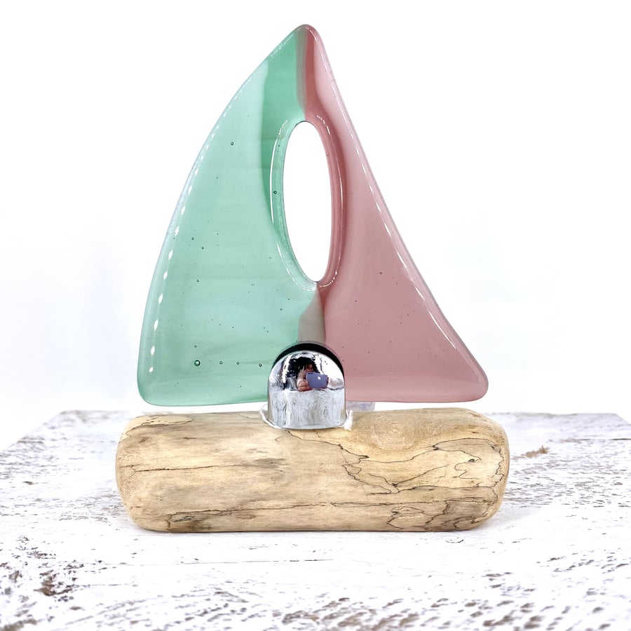 Fused Glass & Drift Wood Sailing Boat 