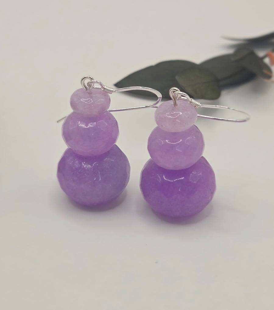 Stacked purple-lilac kunzite beaded dangle earrings, sterling silver hooks