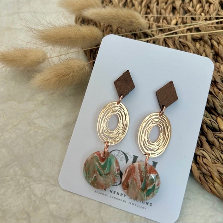 Marbled Sage & Terracotta Dangles with Walnut Wood & Copper Leaf Detail