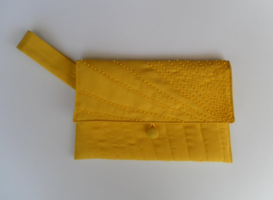 Quilted, Vibrant Yellow Clutch Bag, with Hand Beaded Detailing