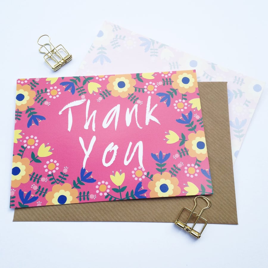 Pack of 10 Thank You Postcards with Brown Kraft Envelopes - Folk Flowers