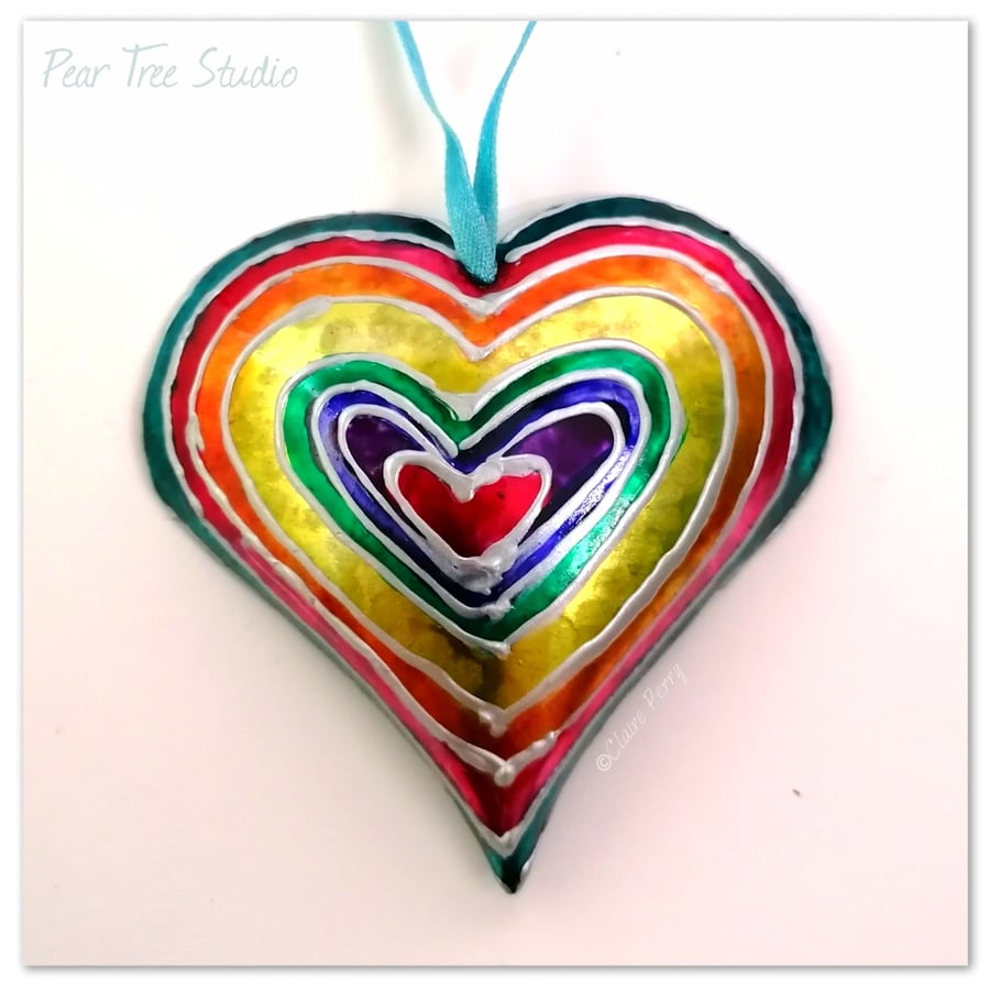  Small Metal Heart decoration Rainbow colours. Hand made.