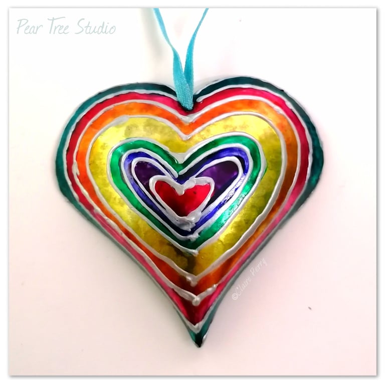  Small Metal Heart Decoration in Rainbow colours. Made from a Coffee tin.