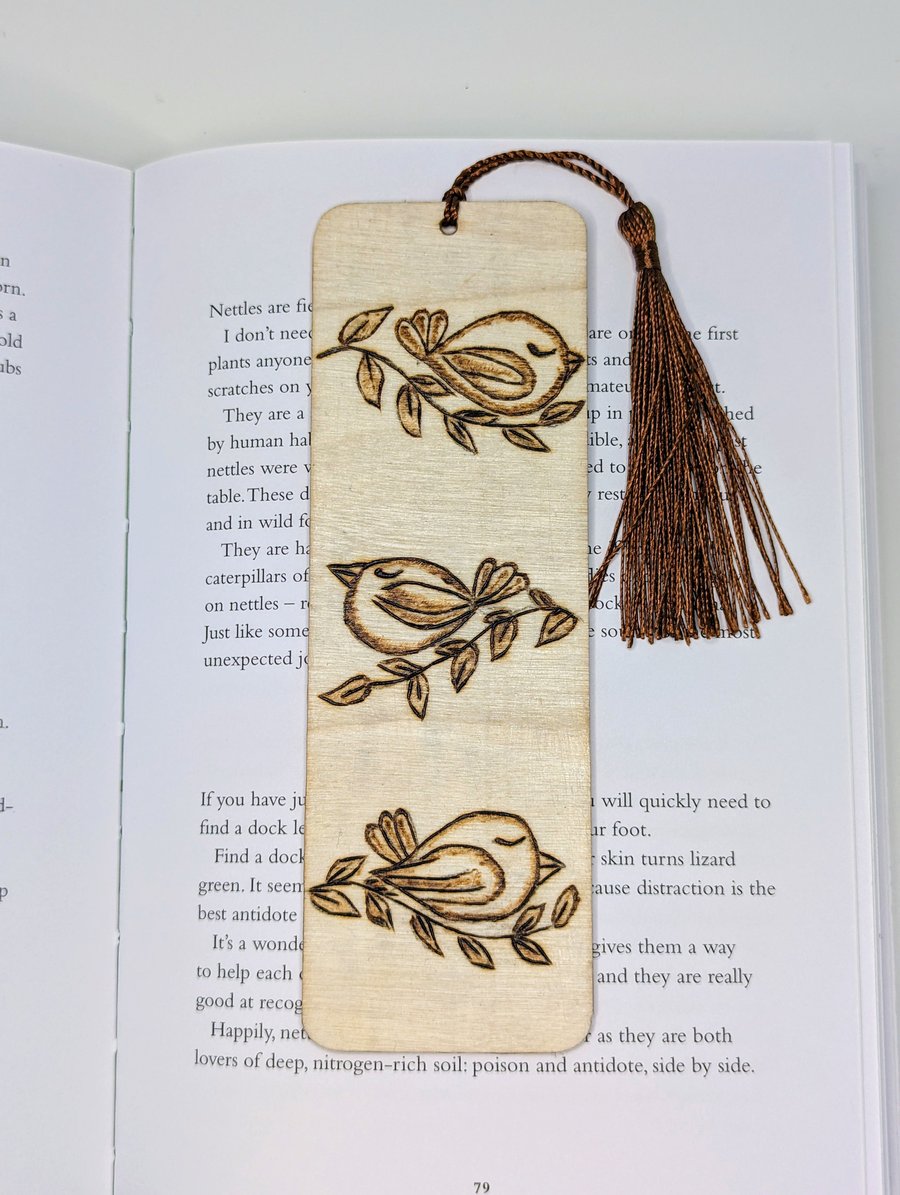 Cute birds wooden bookmark,  handburnt  sleeping birds pyrography gift 