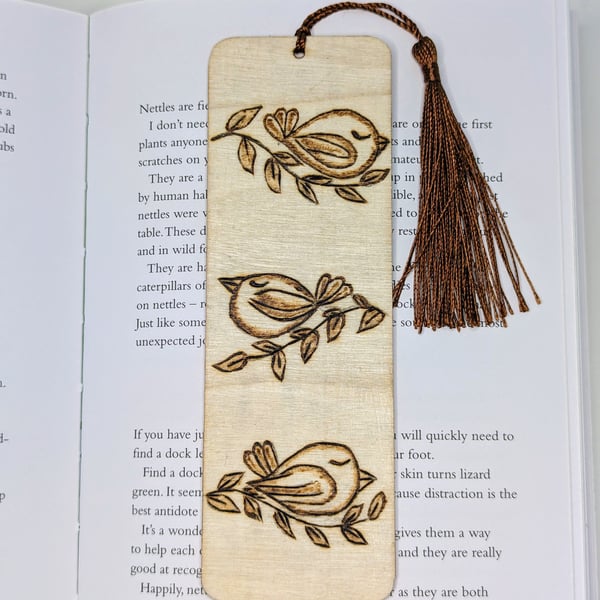 Cute birds wooden bookmark,  handburnt  sleeping birds pyrography gift 