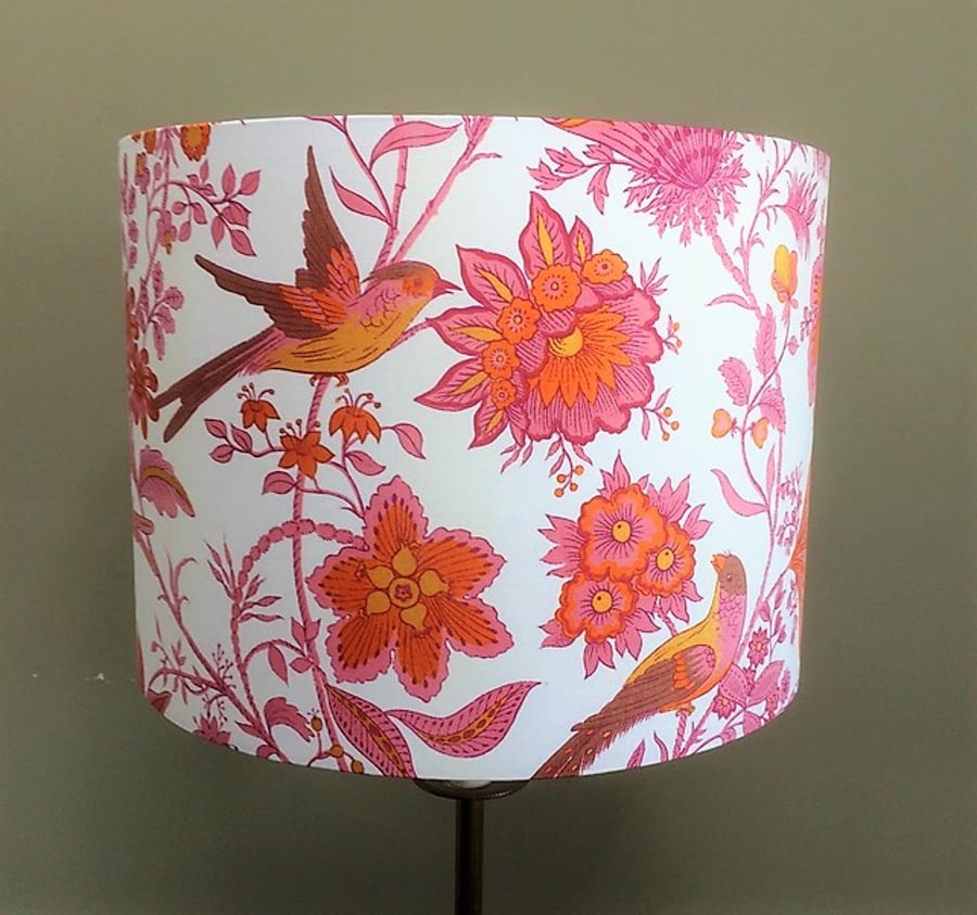 Tropical Pink Orange 70s Floral Bird Spice Island vintage fabric Lampshade 