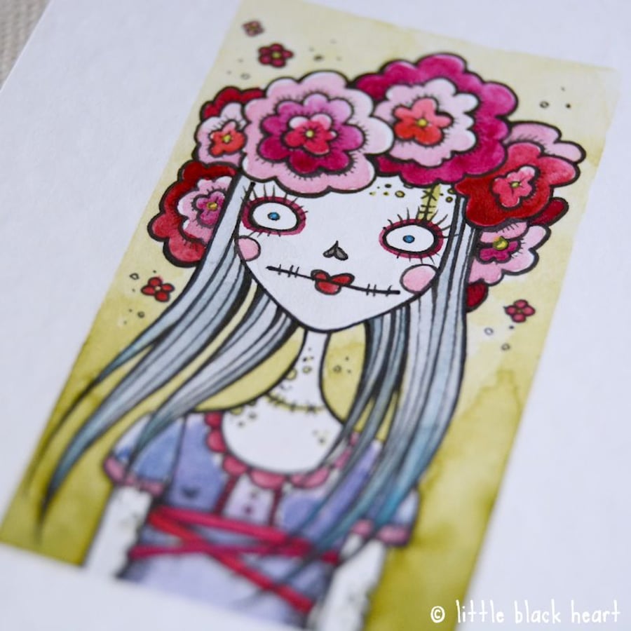 zombie girl with a floral crown (green background) - original aceo