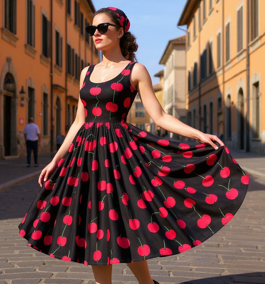 1950s Vintage Retro Rockabilly Big Cherry Print dress sizes 14-26