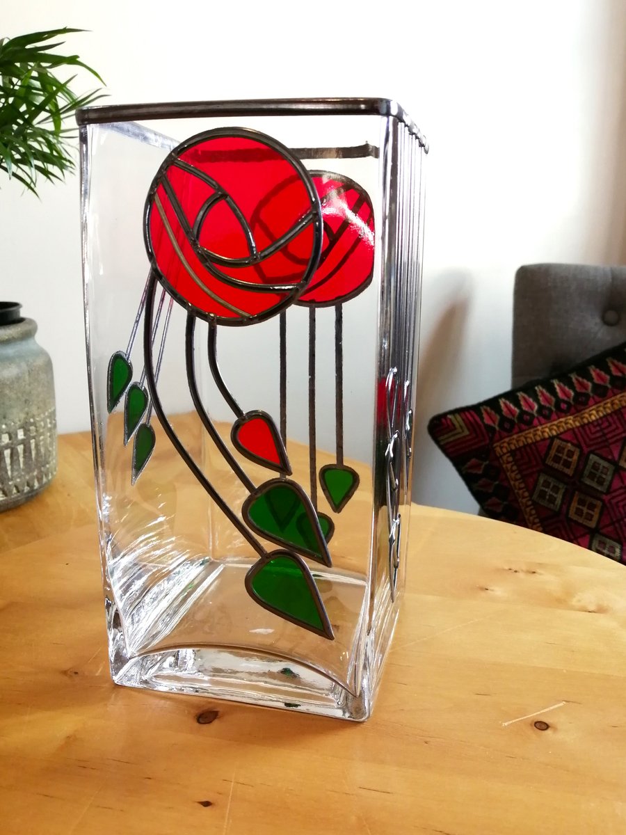 Red Square is a Macintosh-inspired Red Rose Stained Glass effect Tall Square Vas