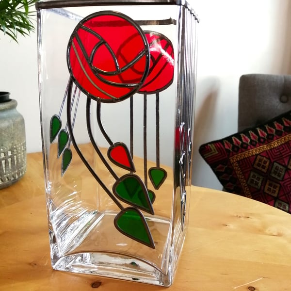 Red Square is a Macintosh-inspired Red Rose Stained Glass effect Tall Square Vas