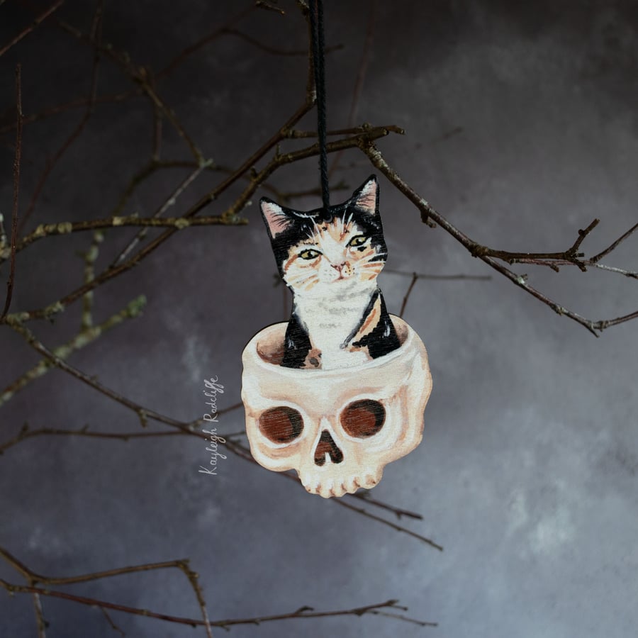 Cat in a skull wooden Halloween decoration, double sided