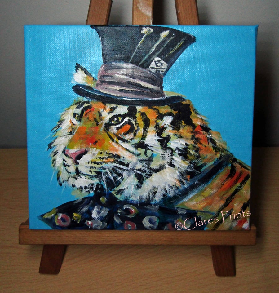 Mad Hatter Tiger Art Original Acrylic Painting on Canvas OOAK Retro 