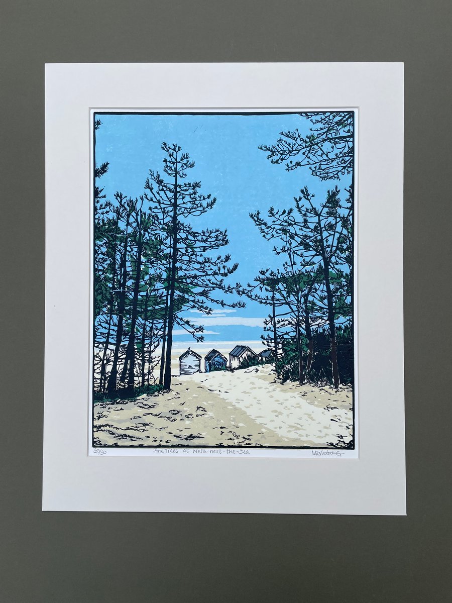 Pine Trees on Wells-next-the-Sea Beach - Original Linocut