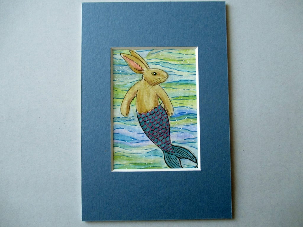 Merbunny Mermaid Bunny Rabbit ACEO original miniature painting in mount