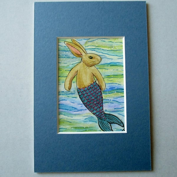 Merbunny Mermaid Bunny Rabbit ACEO original miniature painting in mount