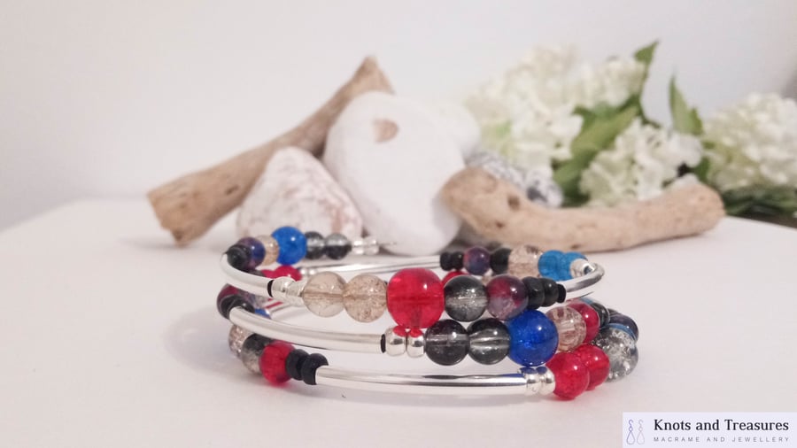 Glass Crackle Bead Bracelet Bangle - Blue, Red, Black and Clear 