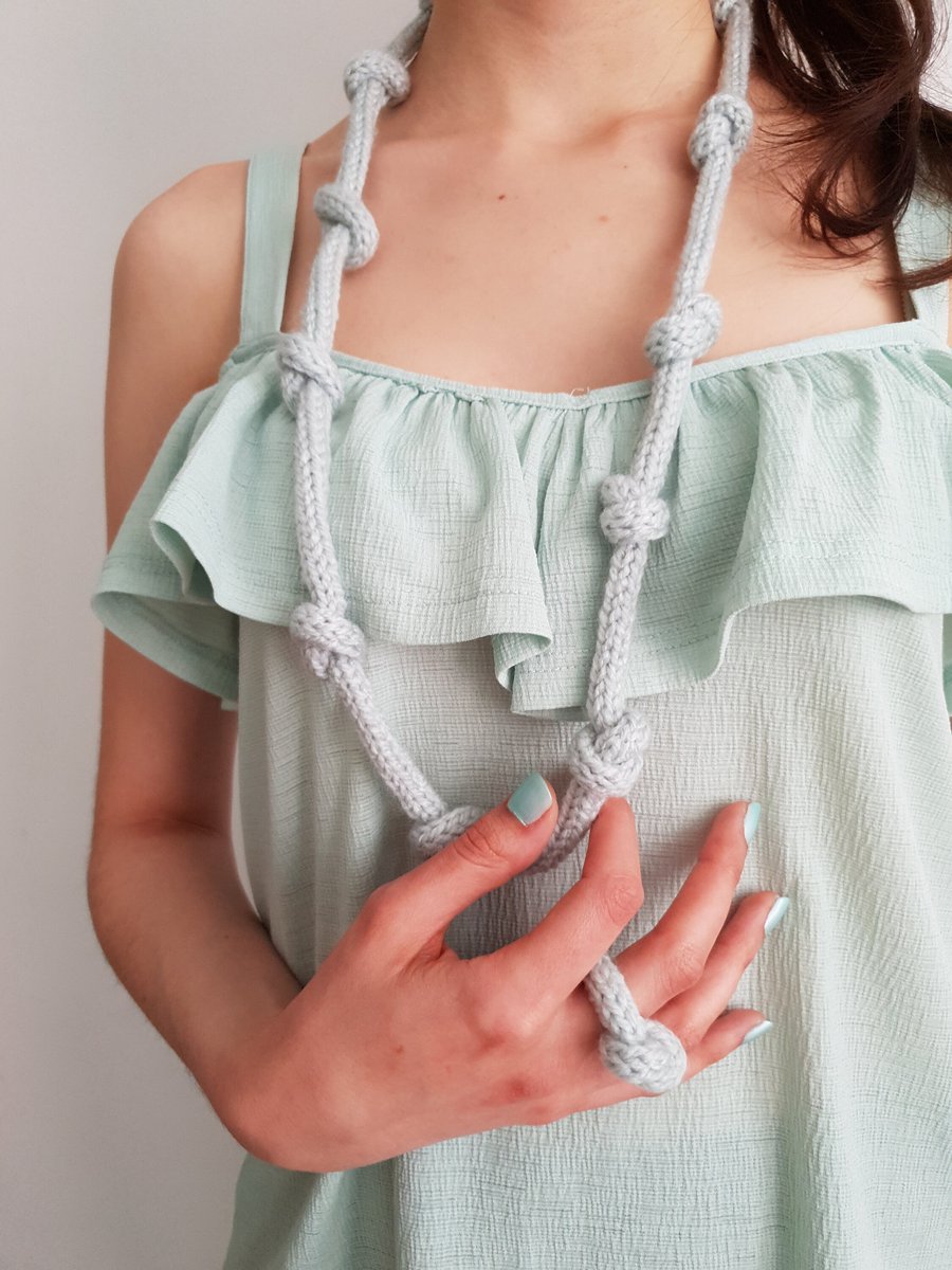 Women's Dusty Blue Textile Hand-Knitted Knotted Necklace & Ring Set