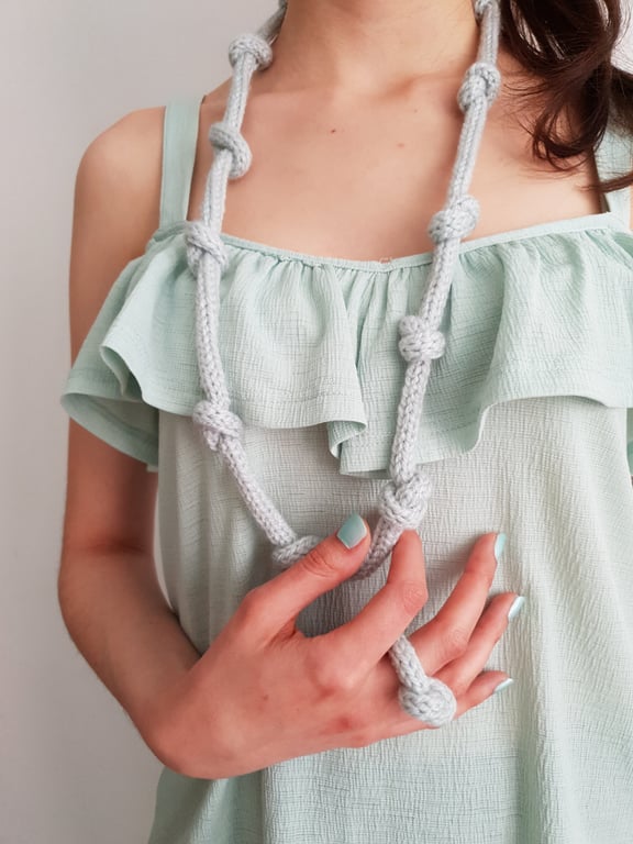 Women's Dusty Blue Textile Hand-Knitted Knotted Necklace & Ring Set