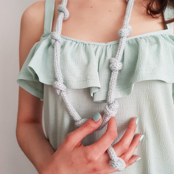 Women's Dusty Blue Textile Hand-Knitted Knotted Necklace & Ring Set