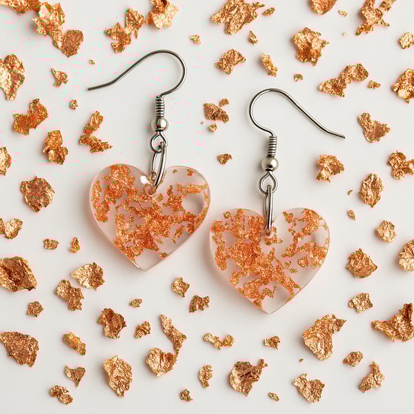 Rose Gold Leaf Heart Dangle Resin Earrings – Lightweight Romantic Jewellery 