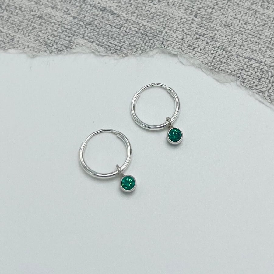 Emerald Green CZ & Sterling Silver Petite Hoop Earrings - Handmade