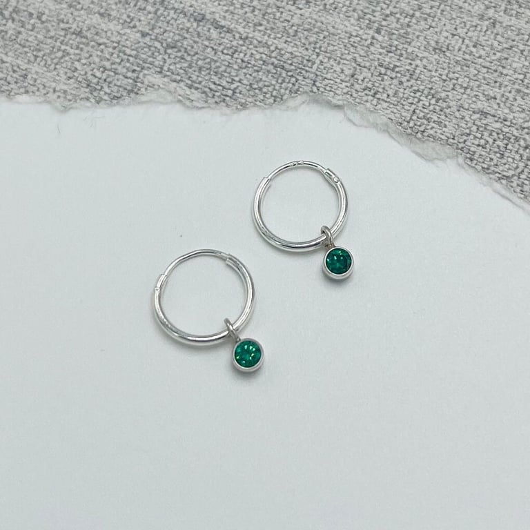 Emerald Green CZ & Sterling Silver Petite Hoop Earrings - Handmade