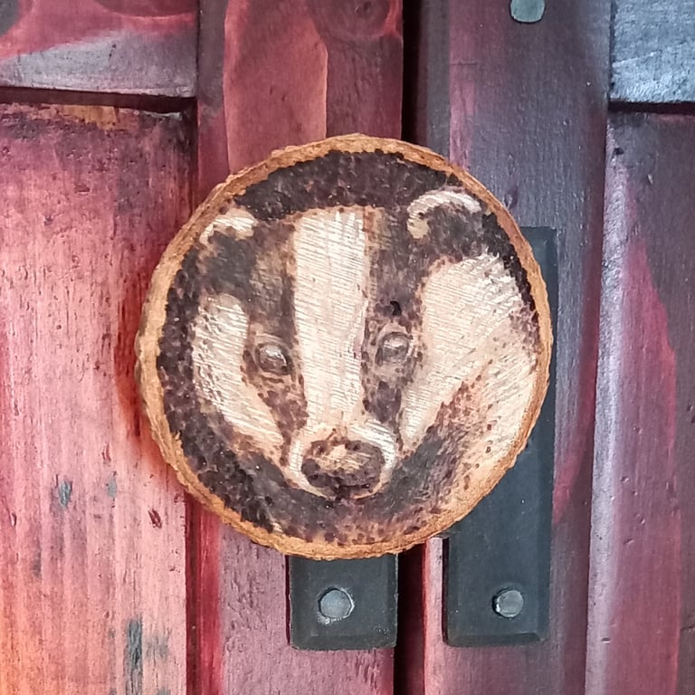 Badger pyrography wood slice magnet