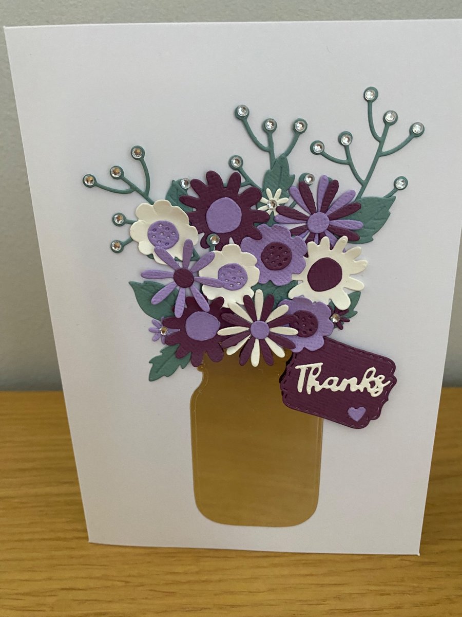 Handmade Floral Vase "Thanks" Card – Layered Paper Flowers in Soft Purples & Cre