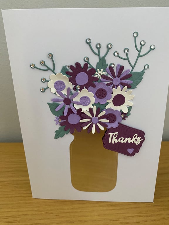 Handmade Floral Vase "Thanks" Card – Layered Paper Flowers in Soft Purples & Cre