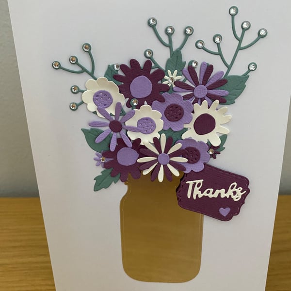 Handmade Floral Vase "Thanks" Card – Layered Paper Flowers in Soft Purples & Cre