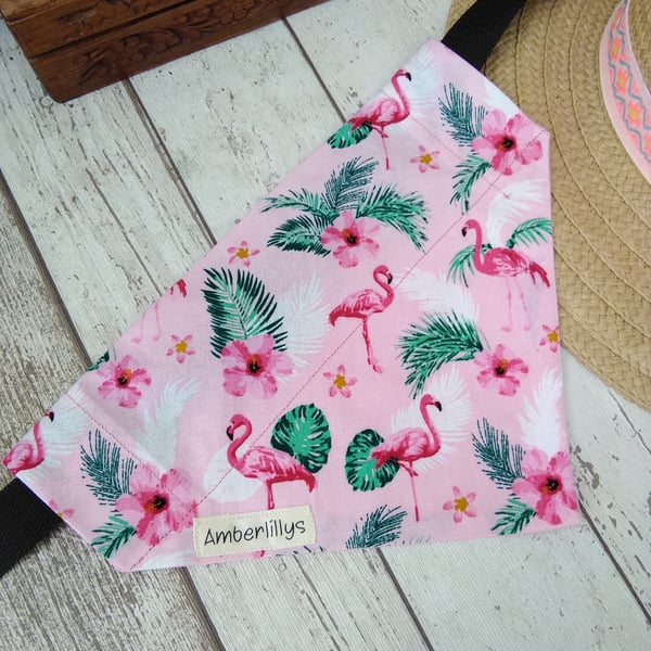 Flamingo Dog Bandana Over Collar Tropical Medium