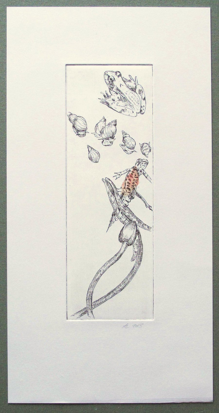 In the Pond  Original Etching with hand coloured Chine Collé
